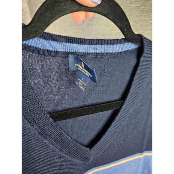 Brooks Brothers 100% Extra Fine Merino Wool V Neck Sweater Sz LG Blue colorblock - Picture 7 of 7